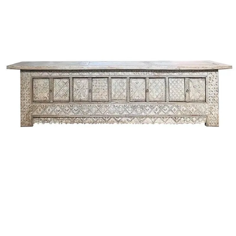 Chinese Antique Shabby Chic Faux Country White Hand Painted Wooden Long Carved TV Sideboard