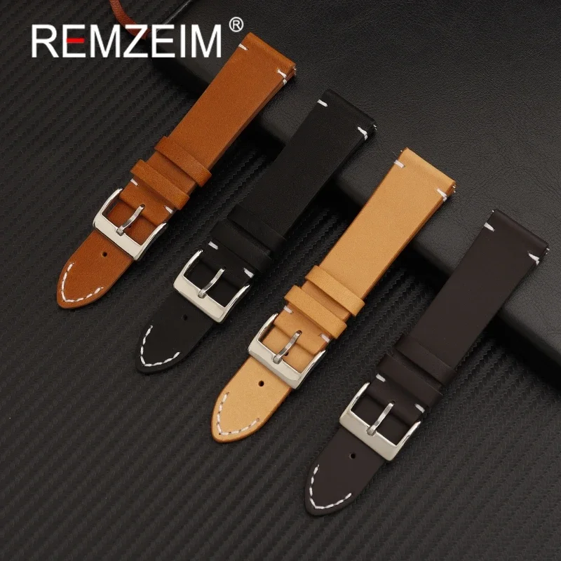 REMZEIM Hot Sale Quick Release Leather Watch Straps 16mm 18mm 20mm 22mm 24mm Watchbands Calfskin Leather Bracelet  Buckle