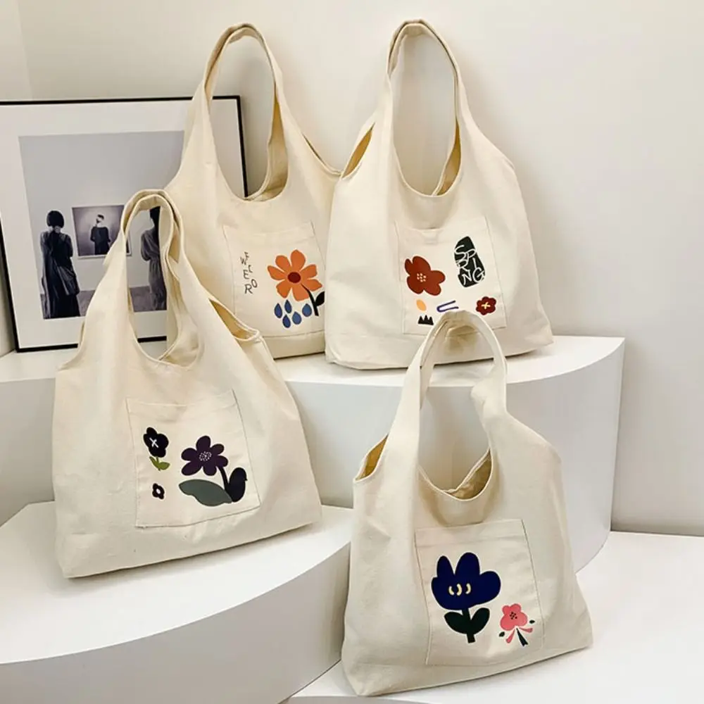 Bolso de mano de flores de estilo coreano de dibujos animados, bolso de gran capacidad, bolso de lona, bolso de axila dulce y versátil para mujer