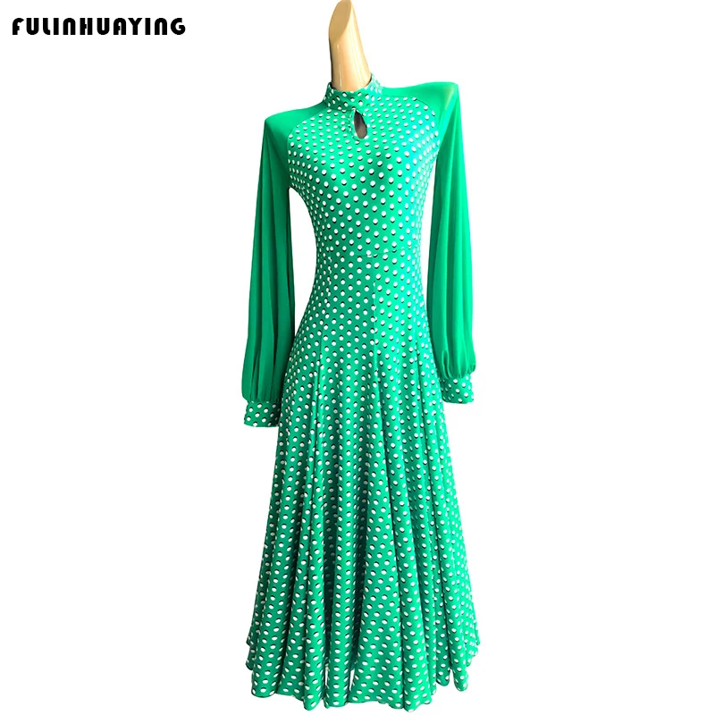 

New Ballroom Dance Dress, Waltz Practice Dress, Green Polka Dot Dress, Fashionable Modern Dance Dress, Ballroom Gown, Women's Competition Performance Outfit, Elegant Long-Sleeve Dress