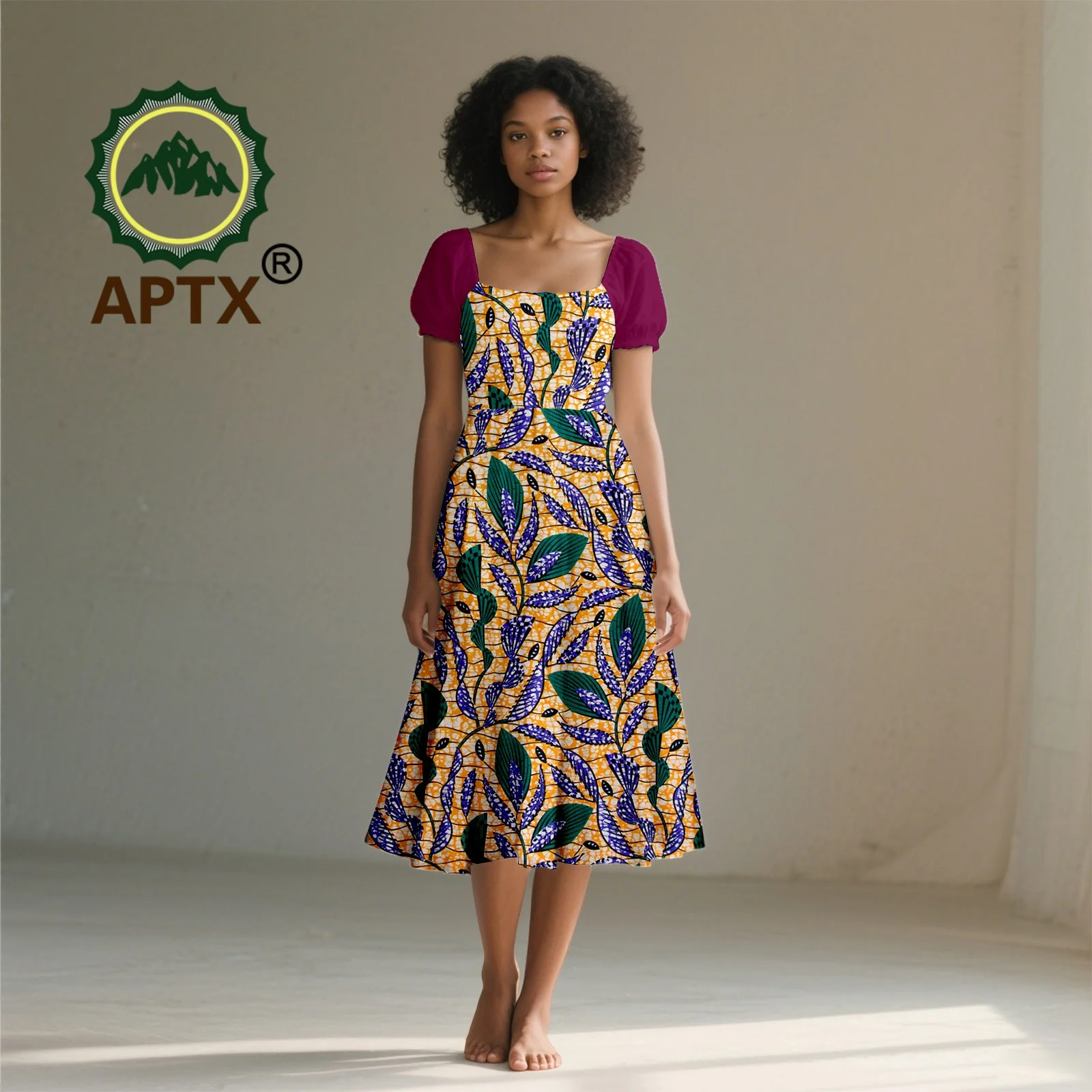 African Dress for Women Ankara Print Square Collar Short Sleeve Mid-Calf Patchwork Dress Dashiki Casual Party Dress 2525055