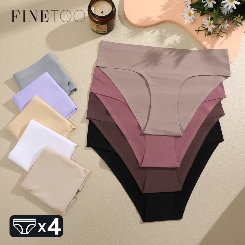 FINETOO 4PCS Nahtlose Eis Seide Unterwäsche Höschen Sexy Ultra-Weiche Niedrige Taille Slips Weibliche Atmungsaktive Unsichtbare Spurlose Dessous