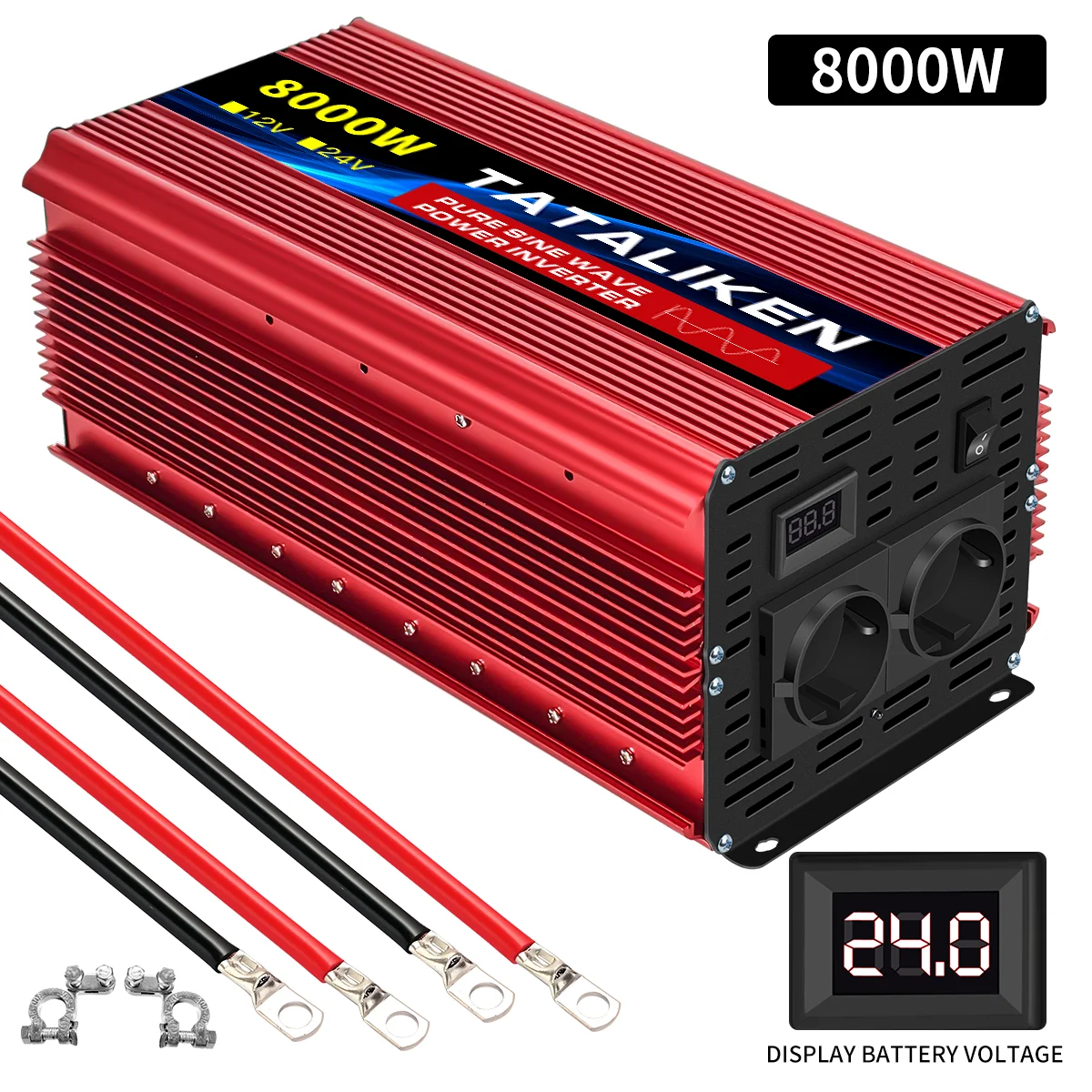 6000 W/8000 W/10000 W EU-Buchse 24 V zu AC 220 V 50 Hz reiner Sinus-Wechselrichter Auto-Stromversorgungsspannung tragbarer Konverter mit LED
