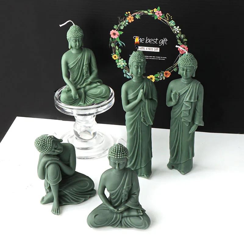 Religion Buddhist Statue Candle Silicone Mold Abstract Sitting Praying Sakyamuni Gypsum Candle Making Wax Resin Mould Home Decor