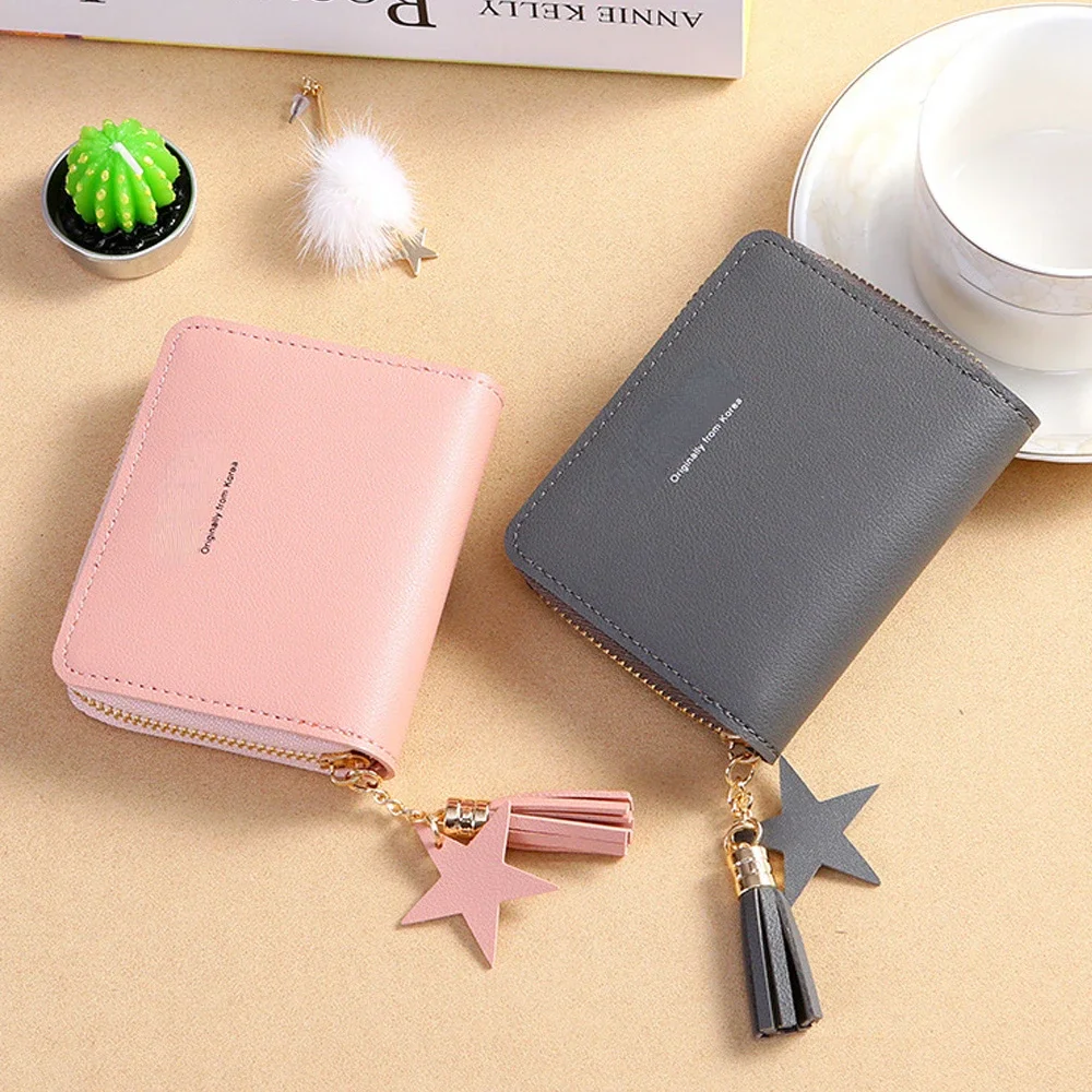 

Simple Square Women's Mini Multifunctional Wallet Short Zipper Small Wallet Tassel Coin Purse Credit Card Holder