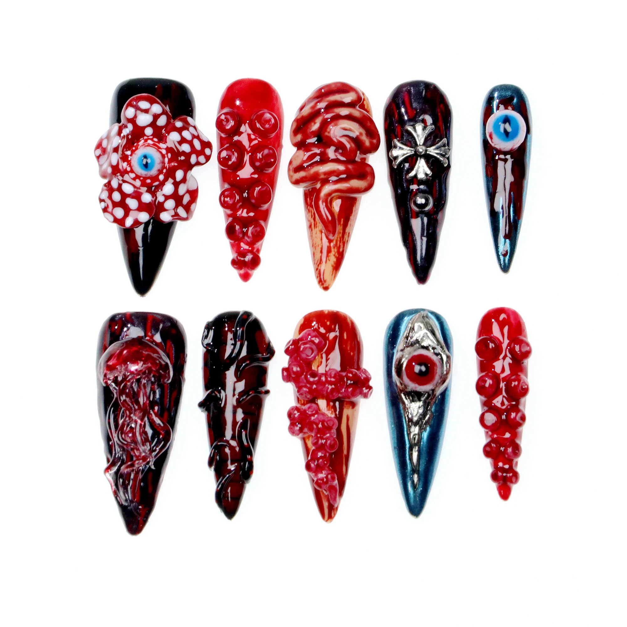 10Pcs 3D Beautiful Handmade Manicure Long Stiletto Press On Nails, Acrylic Fake Handpainted Custom Design Adhesive Nail File Set
