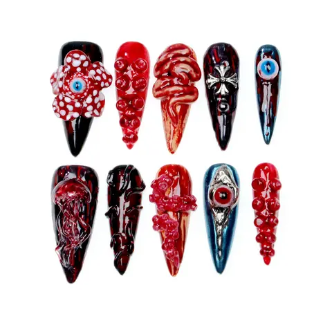 10 ชิ้น 3D สวยทําด้วยมือเล็บยาว Stiletto กดบนเล็บ, อะคริลิคปลอม Handpainted ออกแบบที่กําหนดเองกาวเล็บแฟ้มชุด