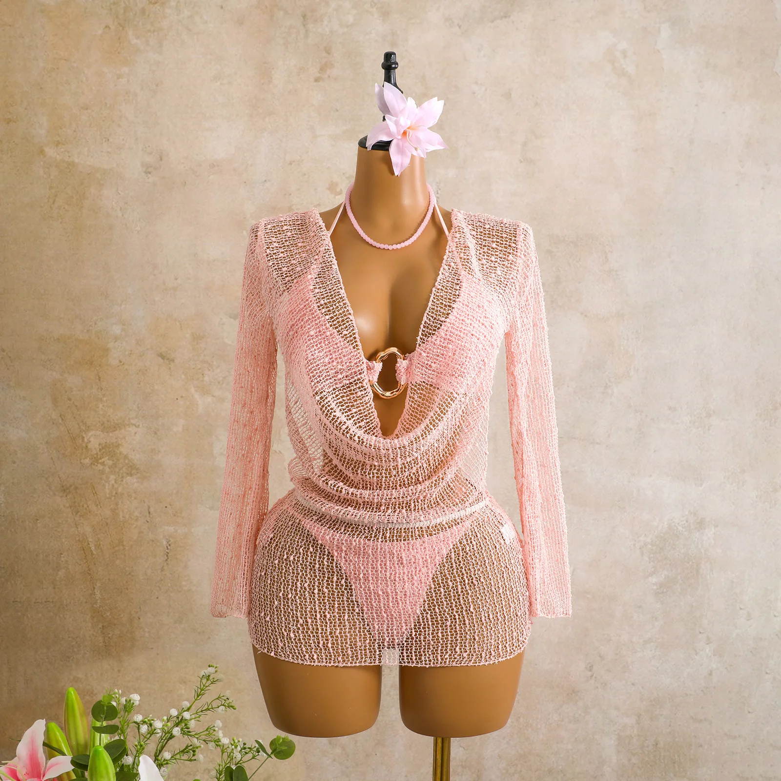 

sexy hollow out plain halter tie bikinis sets three pieces with mesh long sleeve cover smock swimsuit bathing suit beach outfits