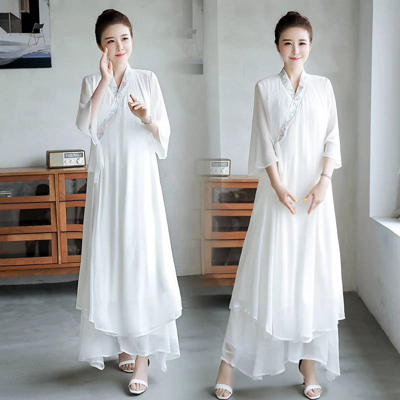 

Summer Large Size V-Ne A-Line Midi Dr Cotton Linen Gauzy Hanfu Fairy Long Skirt Zen Tea Service Loose Fit Embroidered Dr