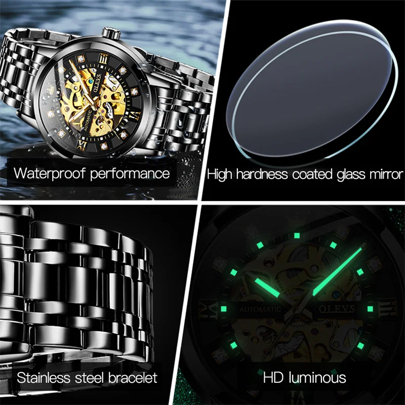 OLEVS Skeleton Watch Men Waterproof Luminous Casual Automatic Mechanical Watche Sports Men Black Steel Wristwatch Reloj Hombre