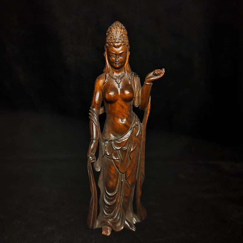 

YIZHU CULTUER ART Size 8.7 Inch Old Hand Carved Boxwood Wood Buddhism Avalokitesvara Guanyin Kwan-yin Figure Statue collectable