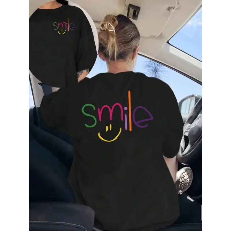 Smiling Printed T-shirt Cute Colorful Letter Pattern T-shirt Round Neck Top Y2K Aesthetic Happy Smiling Casual Women's T-shirt
