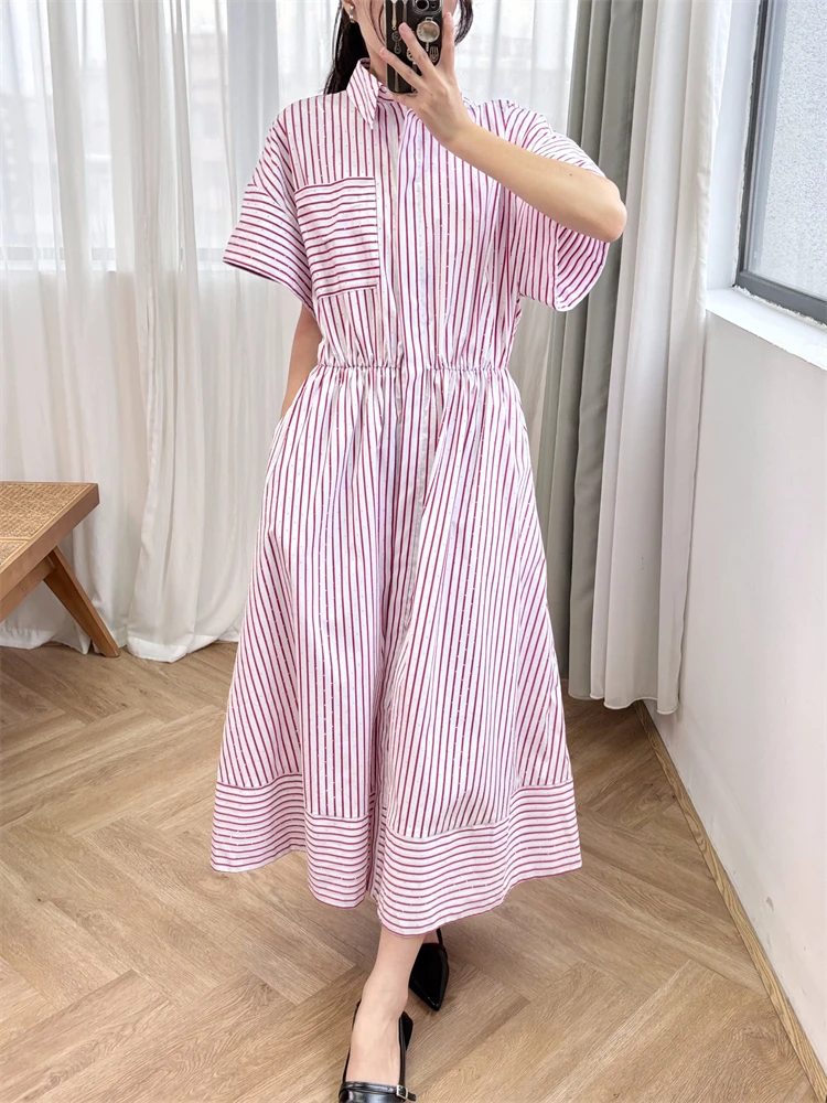 New 2024 High Quality Women Rhinestones Striped Long Shirt Dress A-Line Polo Collar High Street Chic Stunning Fashion Design M