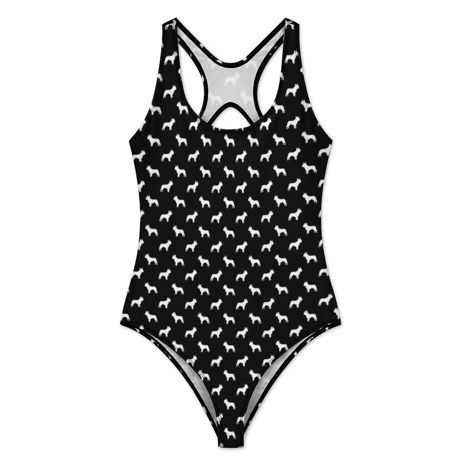 White Dog Silhouette Swimsuit Sexy French Bulldog Print Swimwear One Piece Stylish Bodysuit Fitness Push Up Cut Out Monokini