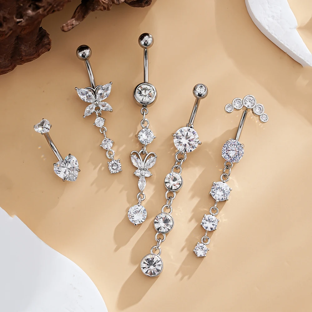 3-8pcs/lot Mixed-Style Belly Button Ring Sets Long Dangled Curved Navel Piercing Nombril Ombligo Women 14G Butterfly Belly Rings