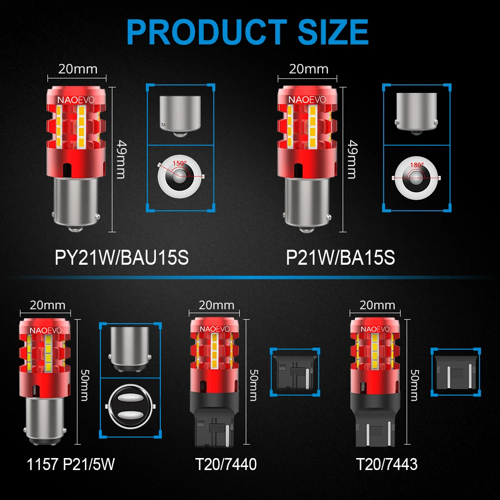 NAO 23W P21W LED CANBUS 2500Lm PY21W sans erreur BA15S T20 7440 W21W 1156 BAU15S 7443 P21/5W sans Hyper Flash 12V clignotant