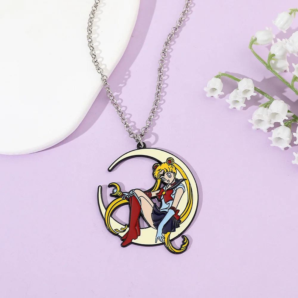 Sweet Anime Metal Enamel Necklace Moon Charm Cartoon Badge Pendant Cosplay Jewelry Accessory for Girls ﻿ - view 3