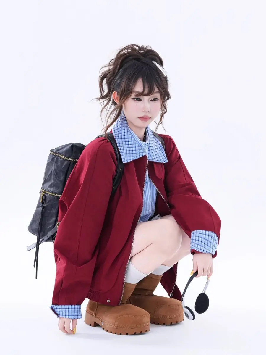 따뜻한 내마모성 체크 패치워크 칼라 소매 재킷 학생 커플용 프레피 스타일 아우터웨어 면 혼방 유니섹스