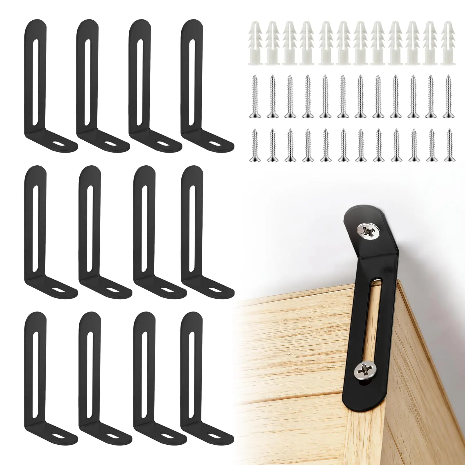 12-Pack Heavy Duty Steel Furniture Anchors Anti-Tip Kit for Dresser Cabinet Bookcase - Earthquake & Pet Proofing Safety