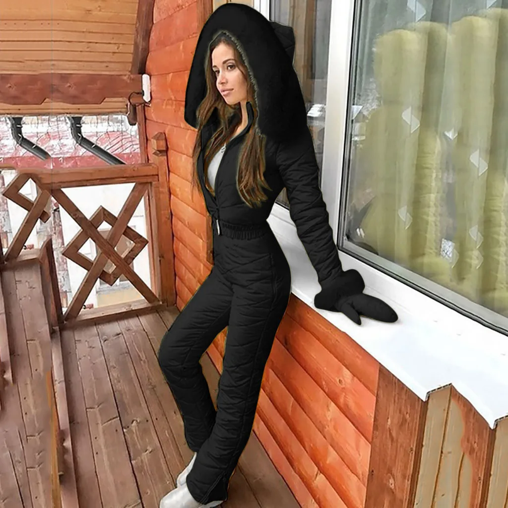 Casual Thicken Warm One Piece Ski Jumpsuit Snowboard Outdoor Pants Set Elegant Outfits Women Sports Zipper Solid Skisuit