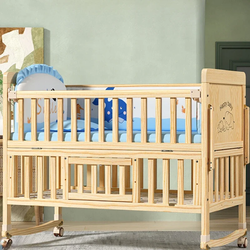 Solid wood multifunctional newborn children's bed Splicable environmentally Movable baby cradle bed with wheels baby nest bed