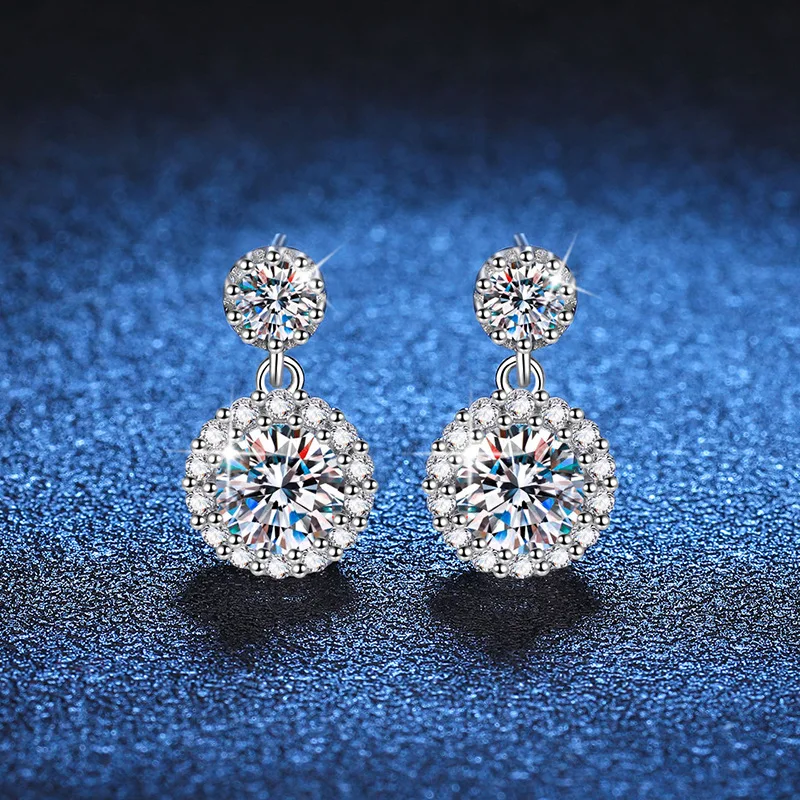 Platinum PT950 18K Gold Moissanite Simple Temperament Round Package Earrings in D Color, 1 Carat Light Luxury Moissanite Diamond