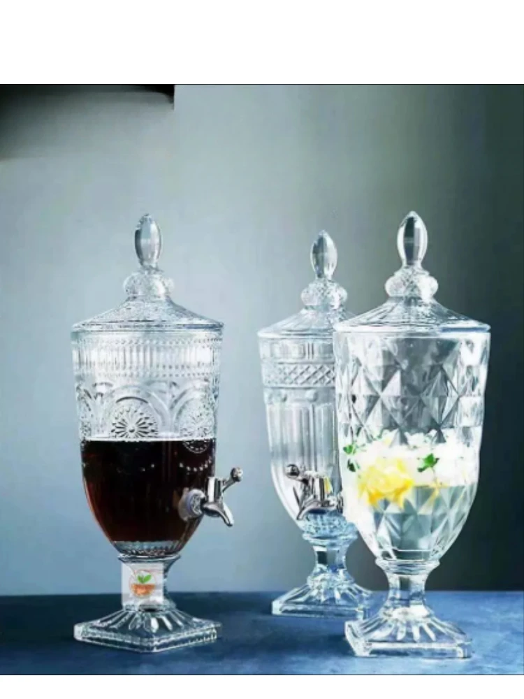 Glass juice jug with lid and tap embossed soda bottle