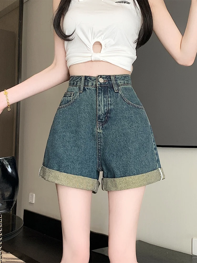 Shorts de mezclilla de cintura alta y pierna ancha para mujer, de verano, holgados, que disimulan la figura, corte A, pantalones cortos vintage con dobladillo.