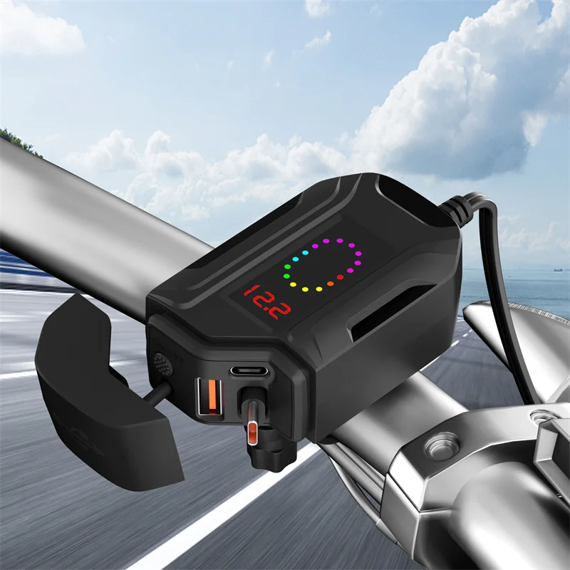 Retractable Cable Motorcycle USB Charger PD30W QC30 Dual Fast Charging Port Adapter for Cell Phone GPS and Cam Use