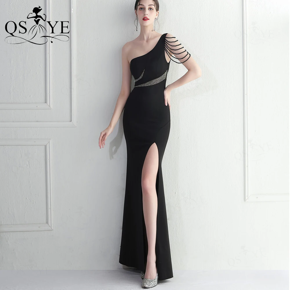 

One Shoulder Black Evening Dress Beading Strings Hot Drill Waist Stretchy Jersey Open Split Prom Dress Sequins Fitted Party Gown