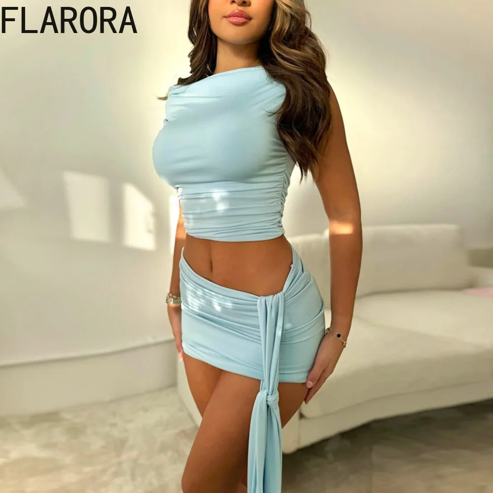 FLARORA Elegant Solid Mini Skirts Two Piece Sets Sexy Woman Off Shoulder Short Sleeve Ruched Crop Tops And Lace Up Skirt Outfits