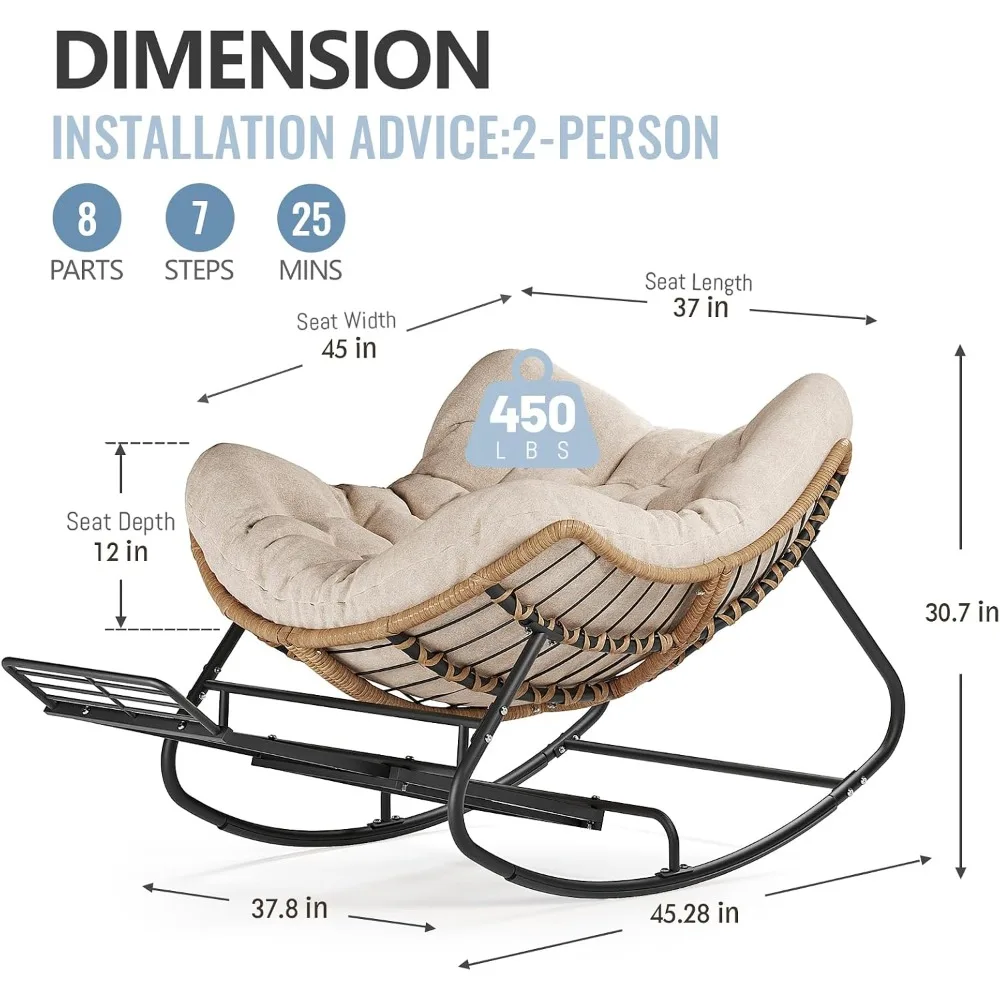 Papasan Rocking Chair, Outdoor Wicker Egg Rocker with Cushion, Ivory