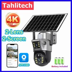 Tahlitech Solar Camera 4G Sim Outdoor Dual Lens WiFi 8MP 4K IP Camara Solar Panel CCTV Security Built in Battery PIR Cam V380