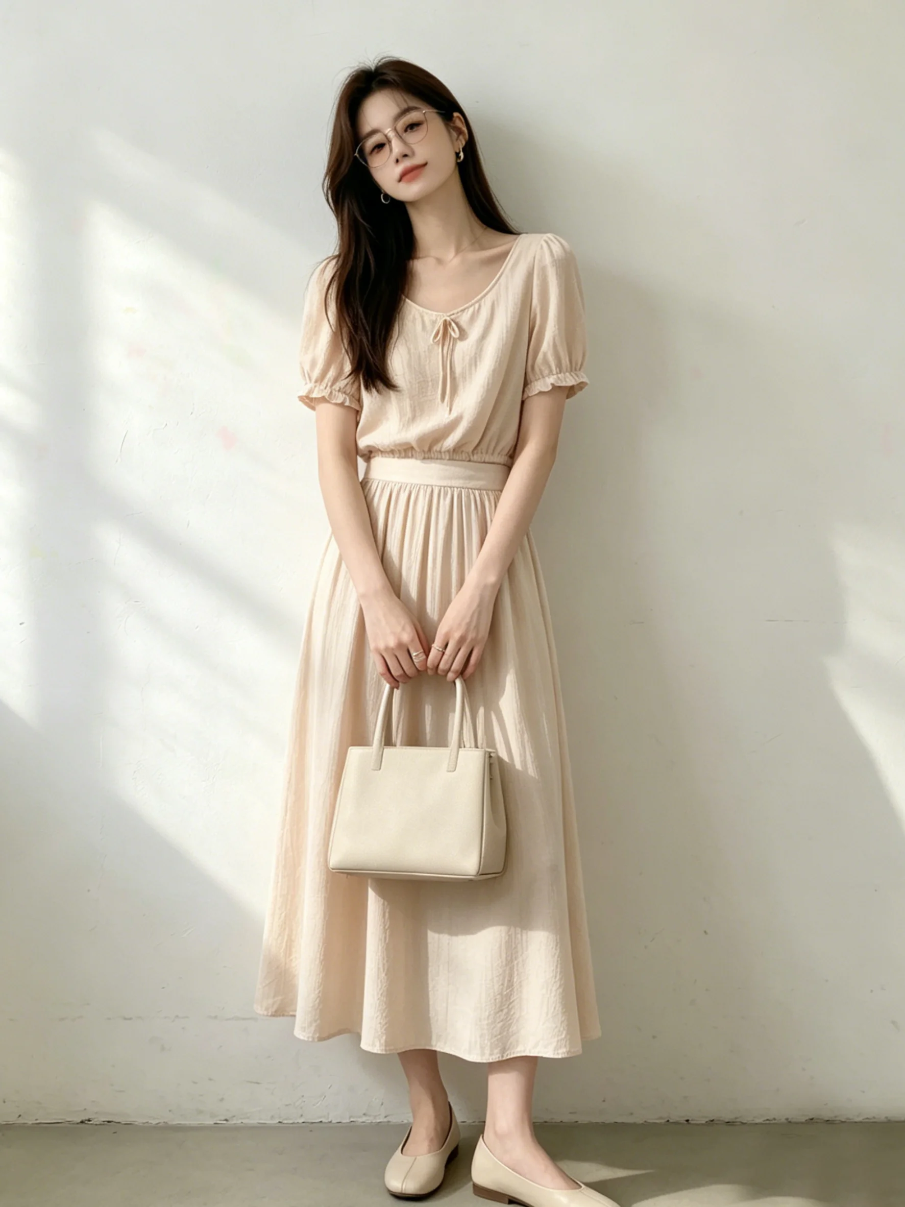 

Sweet Short Bubble Sleeve Shirt Half Skirt Two Piece Set Slimming High Waist Korean Style Fashionable Summer Outfit for Women