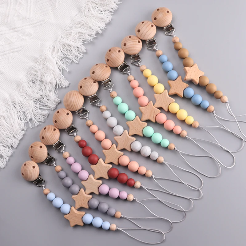 New Baby Pacifier Chain Clips Wood Pentagram Teether Chain For Care Soother Chew Toys Baby accessories