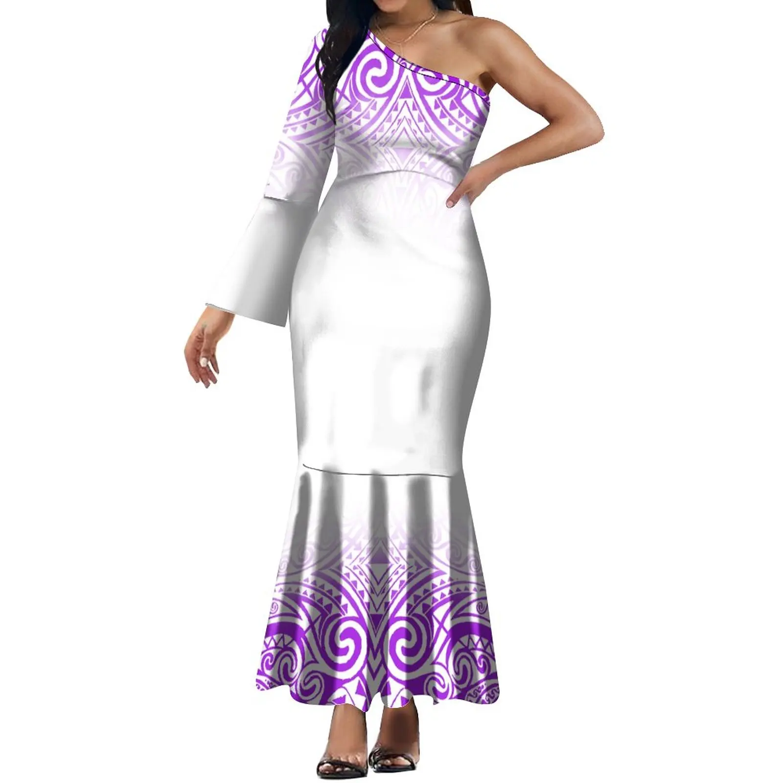 New Fashion Dress Women's Maxi Polynesian Custom Art Pattern One-Shoulder Long-Sleeved Dress Elegant Temperament Dress