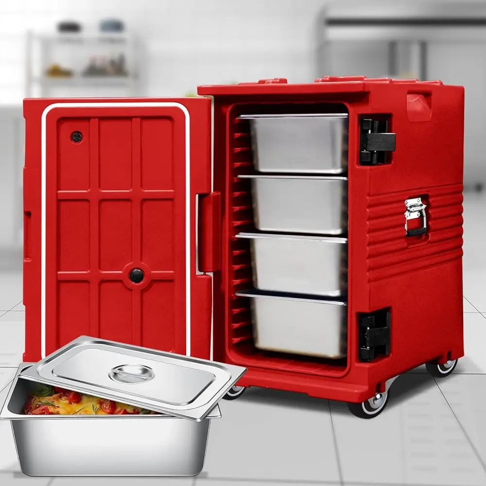 

105Qt End-Loading Insulated Food Pan Carrier W/4 Concealed Type Wheels,Commercial Food Warmer W/4 H5.9 Stainl Steel Pans W/Lid,