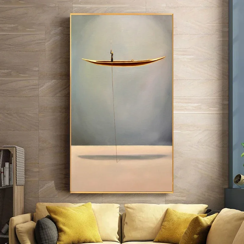 Golden Boat Abstract Creative Lonely Thinker Canvas Painting Posters and Prints