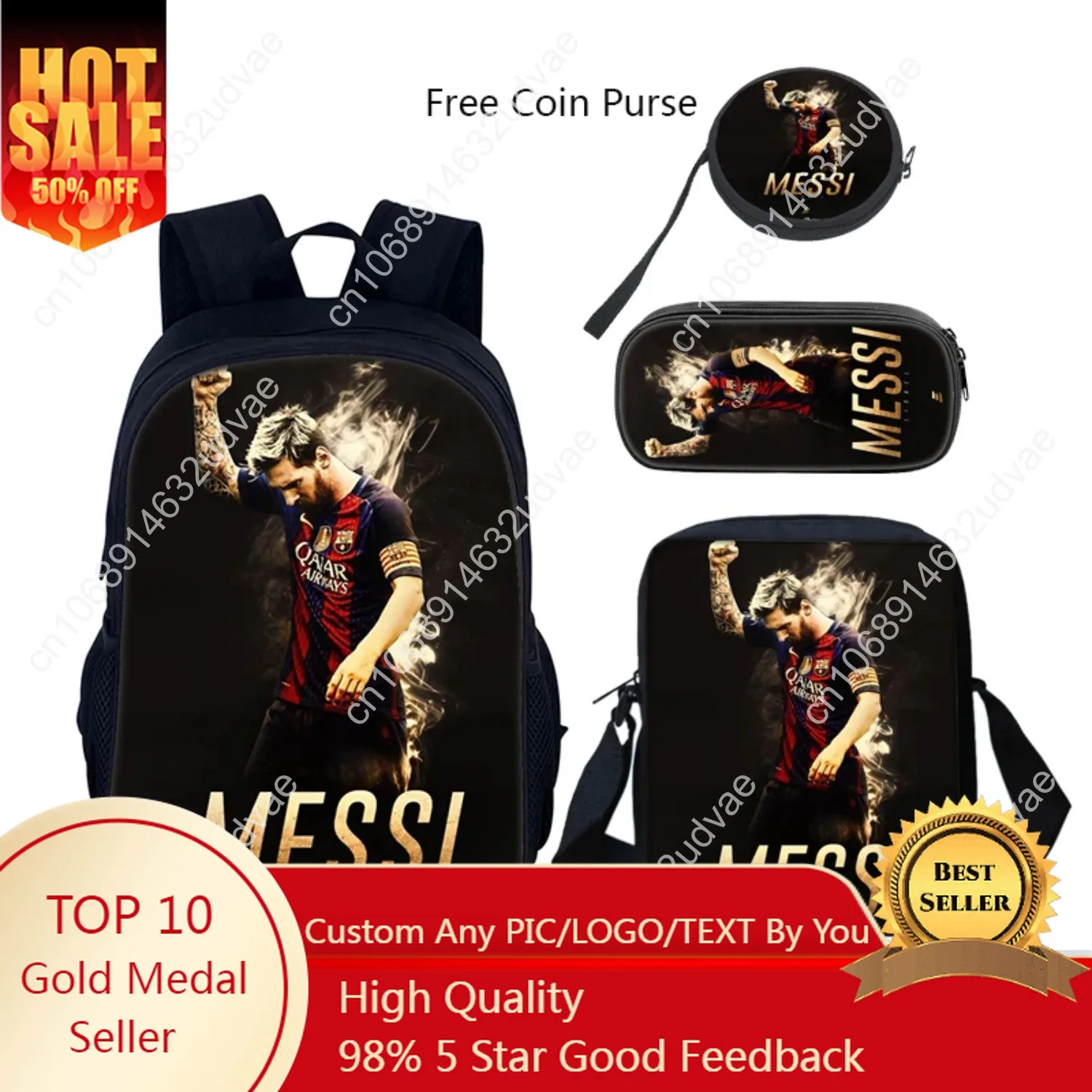 

3 pcs set Football Star Child School Backpack with Lunch Bags Pencil Bags School Bags For M-Messis Boys Girls Best Gift