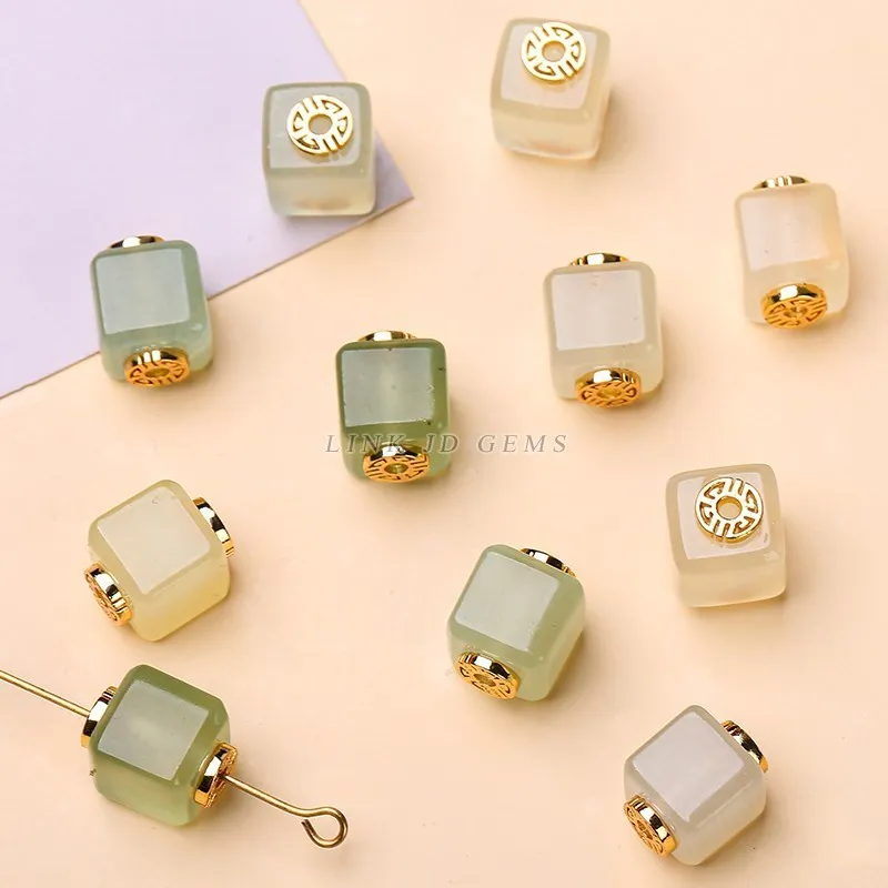 1 Pc Natural Light Green Jade Square Beads With Alloy Hole Small Pendant For Jewelry Making Diy Bracelet Necklace Accessory