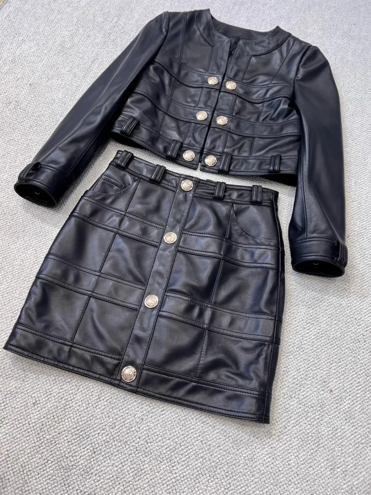 Slim Fit High Waist Women Genuine Leather Jacket O-Neck Long Sleeve Double Breasted Fashion Designer Lady Sheepskin Short Coat