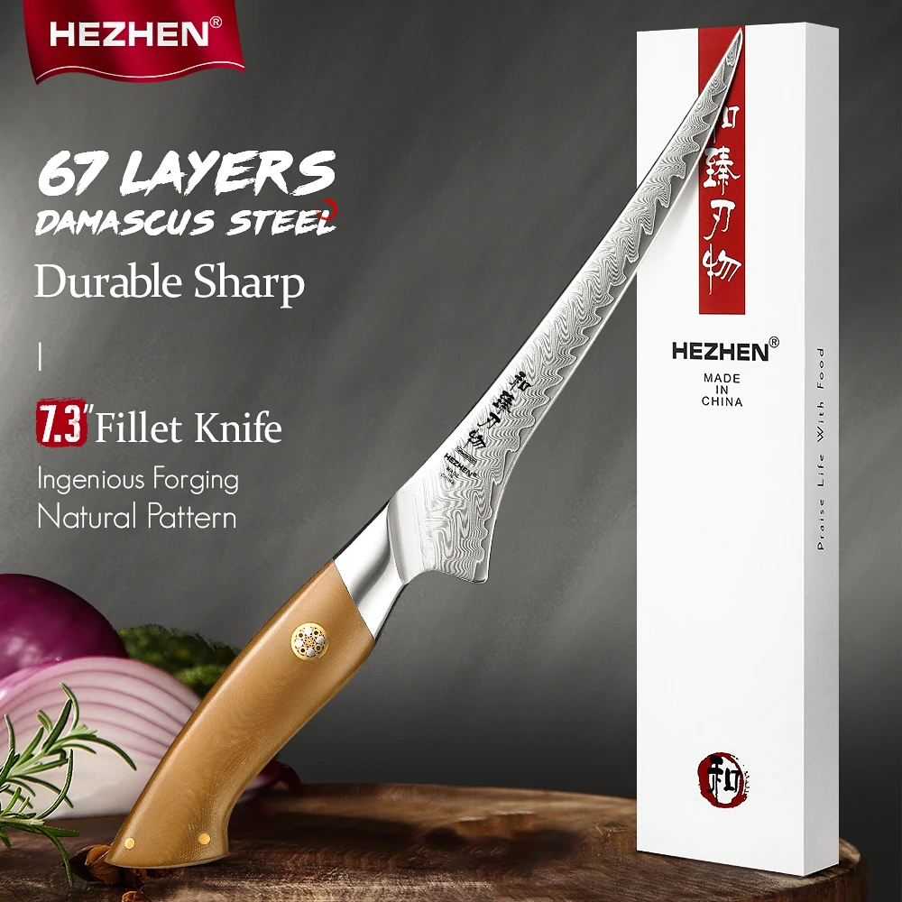 

HEZHEN Professional Fillet Knife - 67-Layer Damascus Steel Blade with Linen Micarta Handle for Boneless Fish & Sashimi