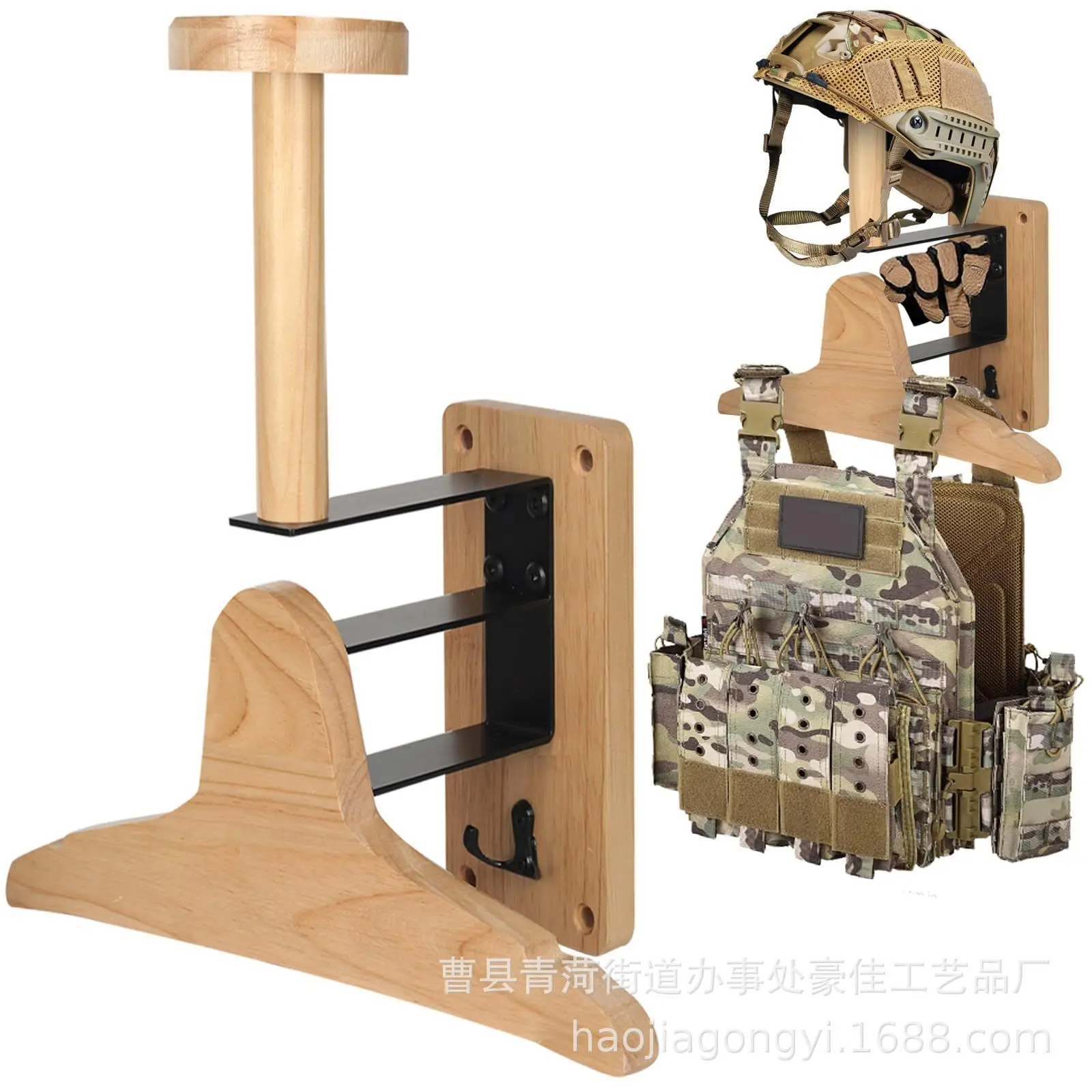 Wall‑Mount Wooden Outdoor Tactical Storage Rack, Motorcycle Helmet Gear Display Organizer