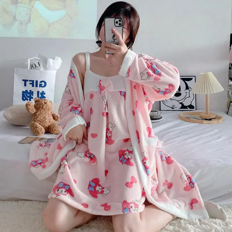 Kawaii Sanrio Pajamas Kuromi Mymelody Cinnamoroll Coral Velvet Nightgown with Two-piece Home Suit Cute Girly Heart Loungewear