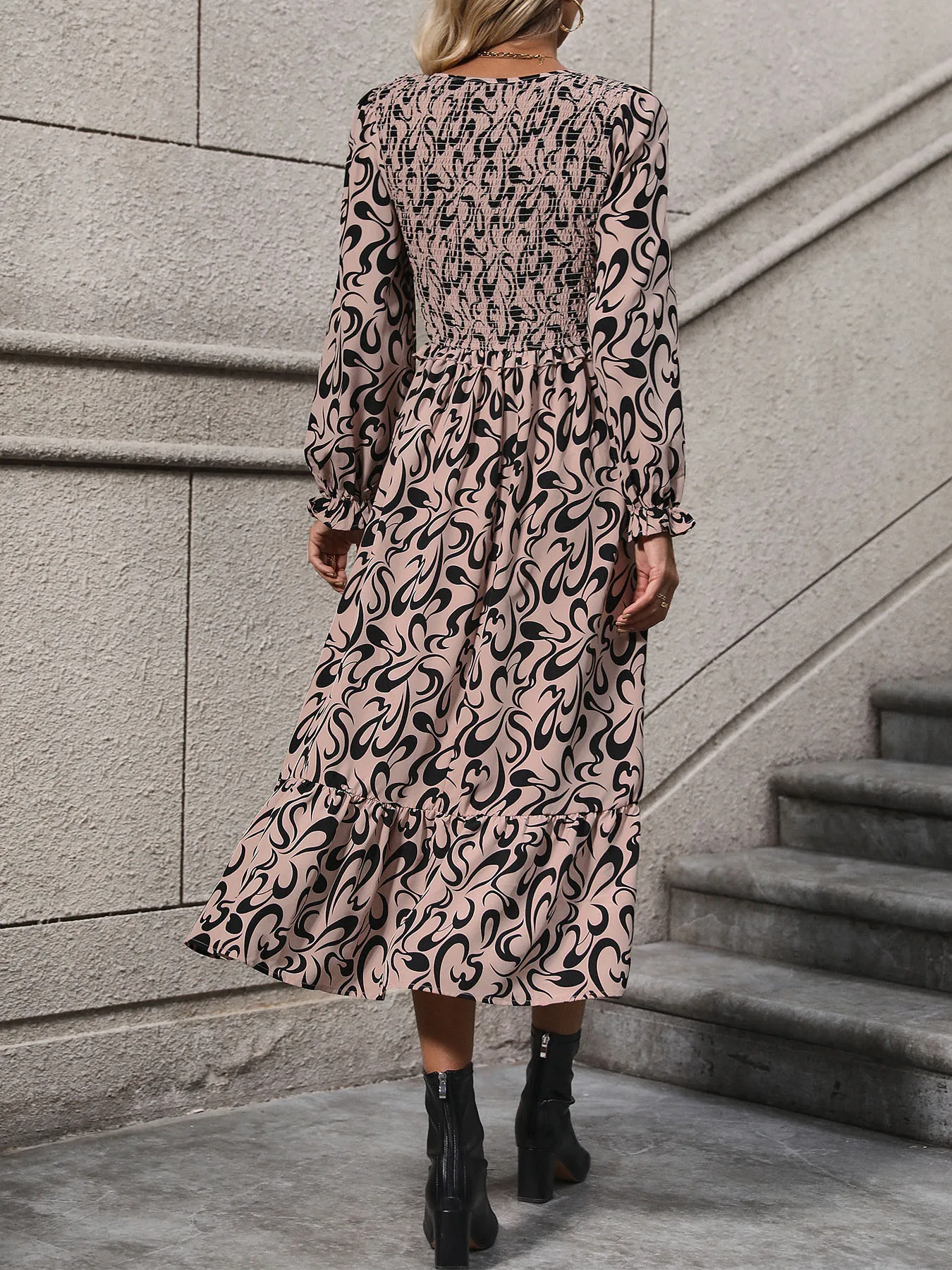 Women's Khaki Black Floral Print V Neck Long Sleeve Smocked Waist Midi Dress Autumn Winter Casual Party Daily Elegant