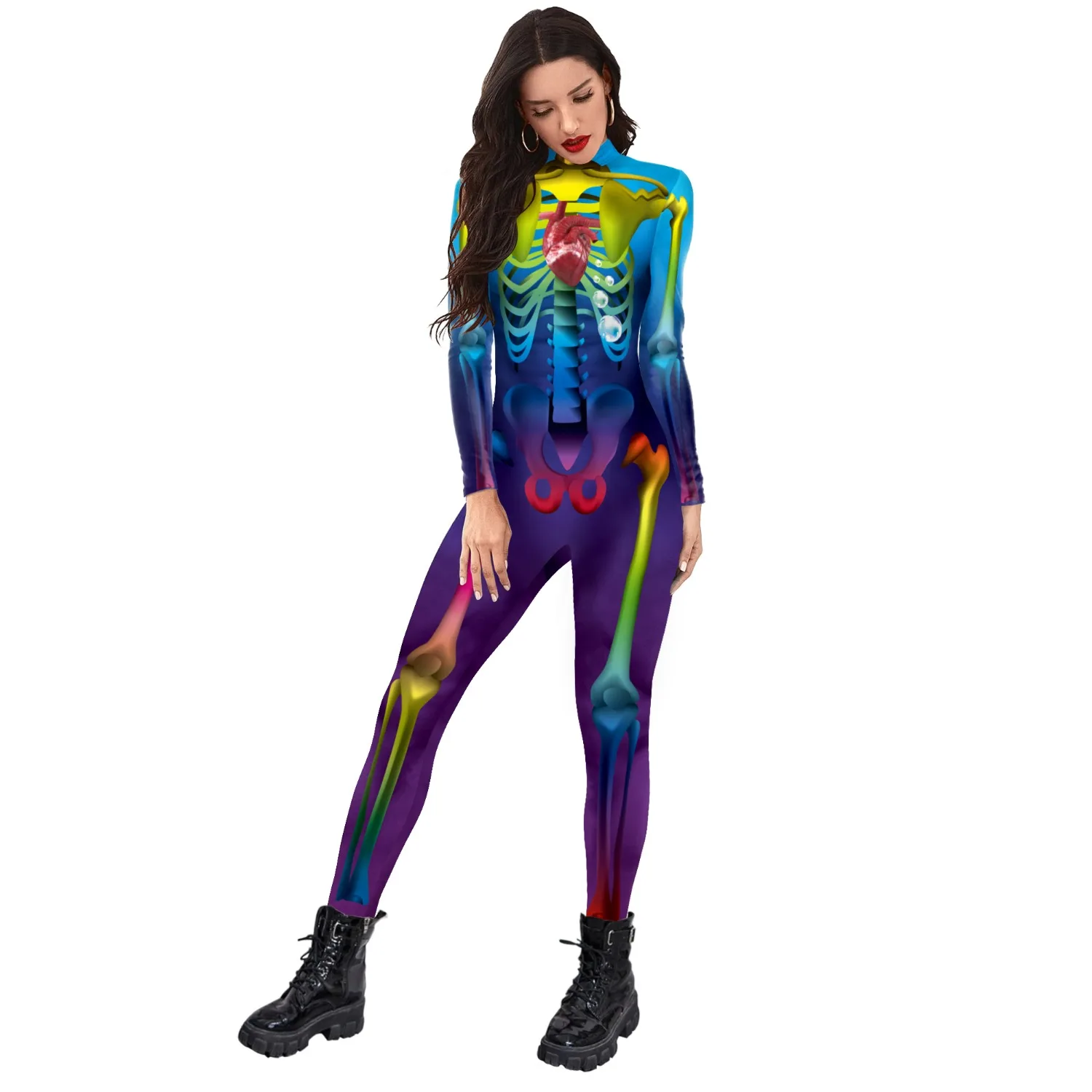 

2024 New Womens Halloween Skeleton 3D Print Vampire Costume Bone Skull Skinny Catsuit Jumpsuit Costume Adults