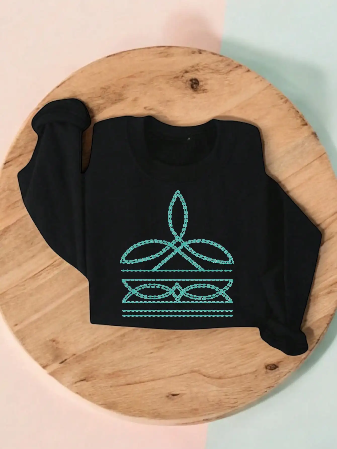 Turquoise Rope Stitch grafisch sweatshirt met ronde hals voor dames, Country Western-stijl, casual pasvorm