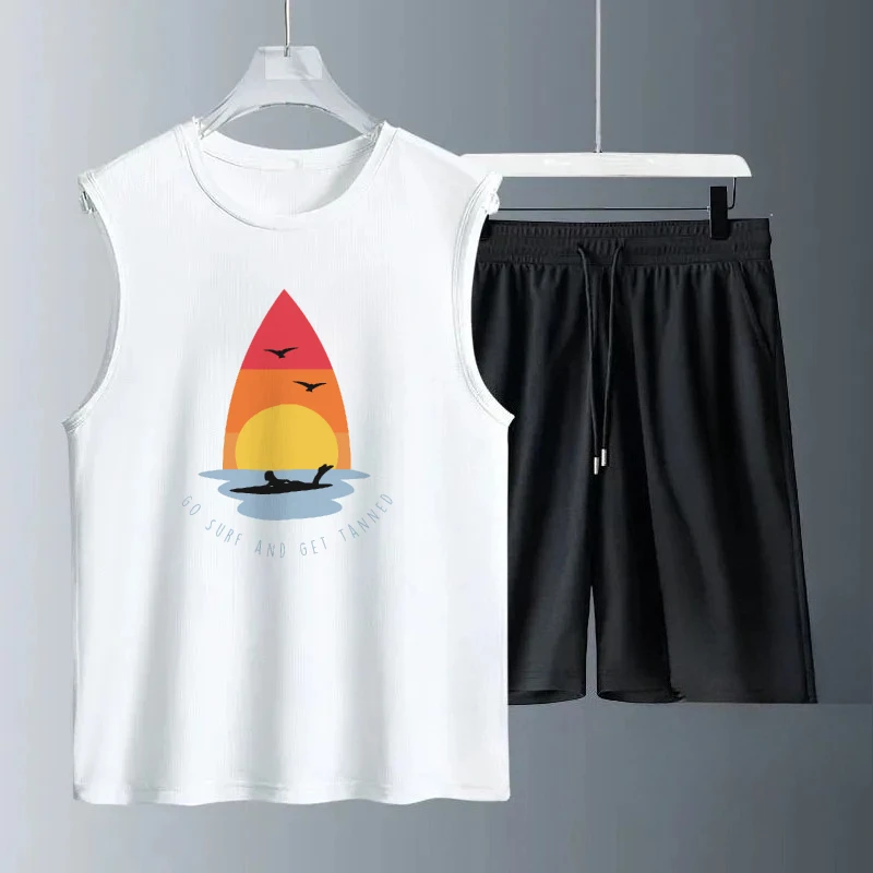 

2025 мужские дышащие костюмы без рукавов с принтом граффити и восходом солнца, летний комплект, модная повседневная одежда для спортзала, комплект для бега и путешествий в тренажерном зале