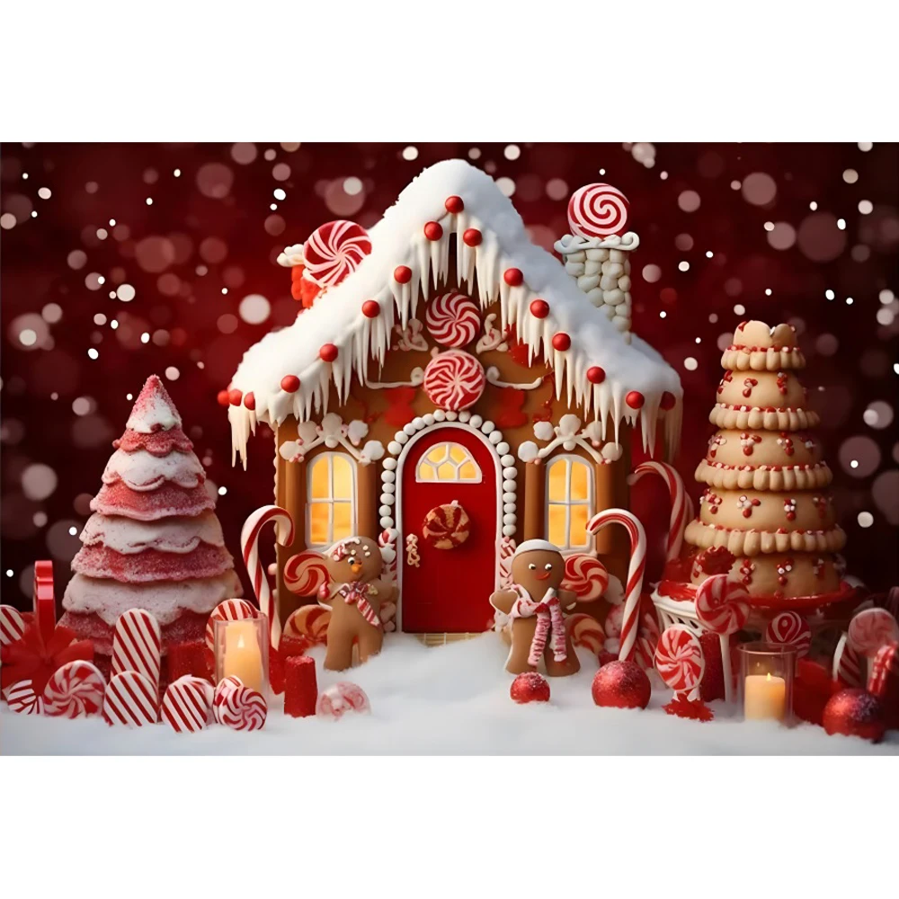 Laeacco Christmas Gingerbread House Background Merry Xmas Red Candy Winter Snowflakes Santa Kids Portrait Photography Backdrop