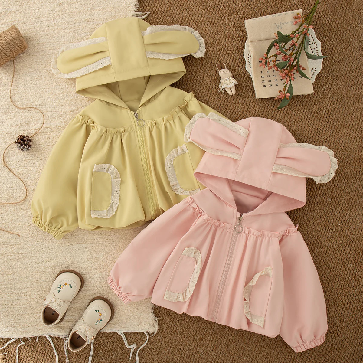 

Spring Autumn Infant Girl Coat Lace Rabbit Ears Element Solid Color Coat Girls Cute Hoodle Zipper Coat for Daily Casual Costume